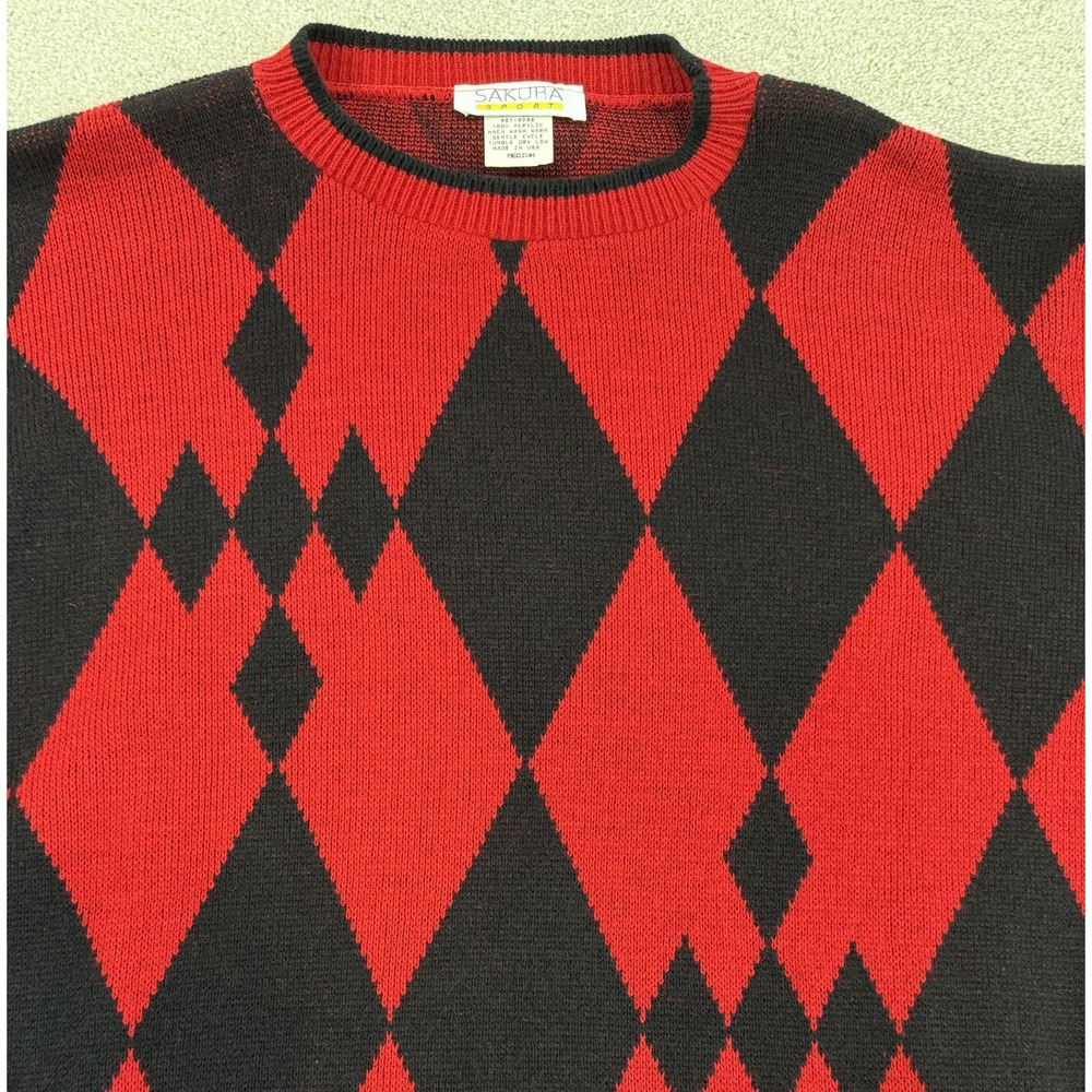 Vintage Sakura Sport MEDIUM Red Black Argyle Diamond Knit Pullover Sweater USA - Picture 2 of 6